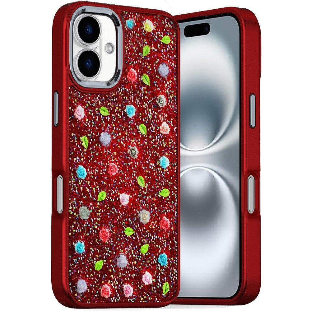 For Apple iPhone 16 (6.1") Floral Design Embedded Glass Diamond Fancy Fashion Glitter Bling Sparkly Hybrid Rugged TPU Bumper Case Cover