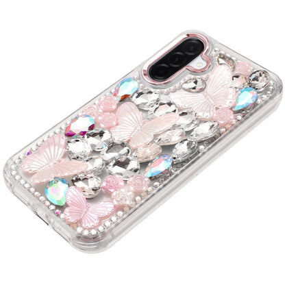 For Samsung Galaxy A17 5G 3D Diamond Floral Butterfly Bling Stone Hybrid, Sparkly Rhinestone Gemstone Back Shockproof Case Cover