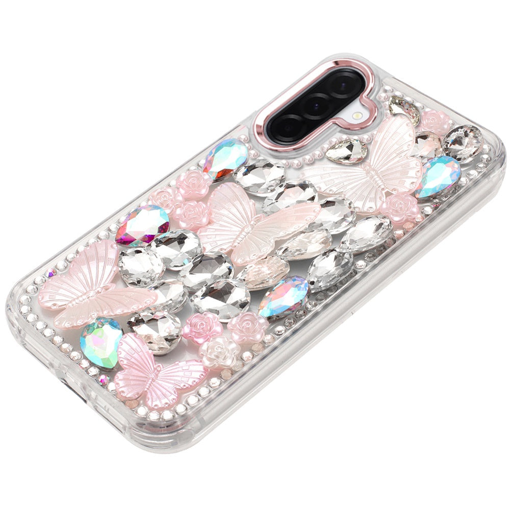 For Samsung Galaxy S25 Fan Edition /Galaxy S25 FE 3D Diamond Floral Butterfly Bling Stone Hybrid, Sparkly Rhinestone Gemstone Back Shockproof Case Cover