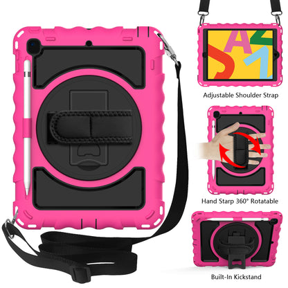 For Hybrid 3in1 Armor Rugged with Built-in Kickstand 360° Rotatable Stand & Shoulder Hand Strap Corner Shockproof Hot Pink Tablet Case Cover