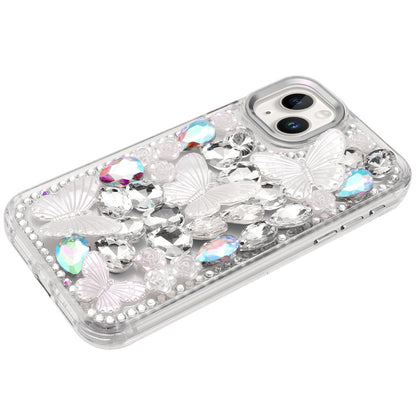 For Apple iPhone 16 (6.1") 3D Diamond Floral Butterfly Bling Stone Hybrid, Sparkly Rhinestone Gemstone Back Shockproof Case Cover