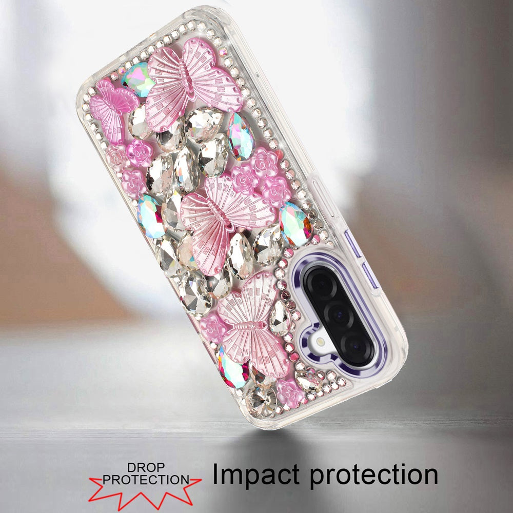 For Samsung Galaxy S25 Fan Edition /Galaxy S25 FE 3D Diamond Floral Butterfly Bling Stone Hybrid, Sparkly Rhinestone Gemstone Back Shockproof Case Cover