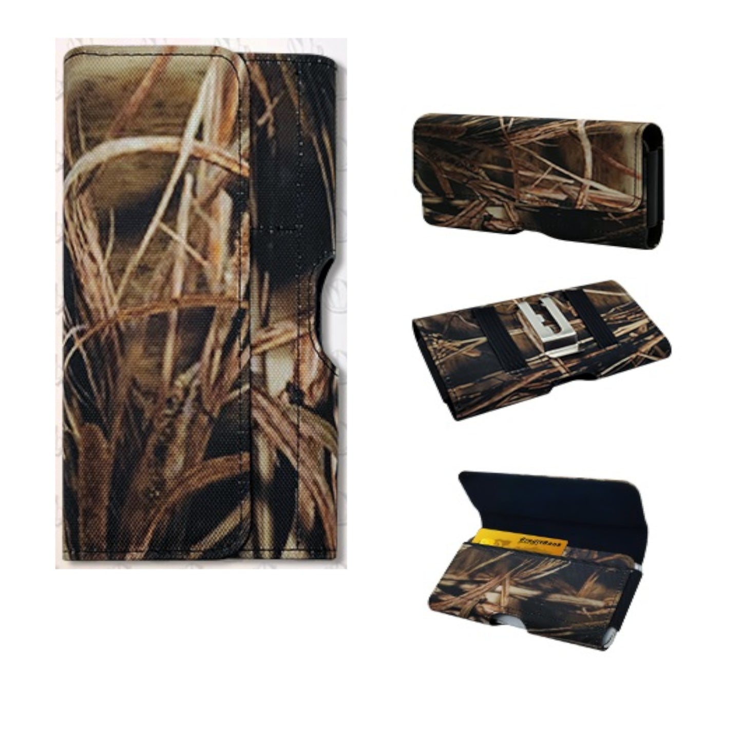 For Apple iPhone 16 Pro (6.3") Universal Camo Leather Horizontal Holster Pouch with Credit Card Slots Wallet & Belt Loop Clip Carrying (Fits 6.7 inch Phone) [Camouflage]