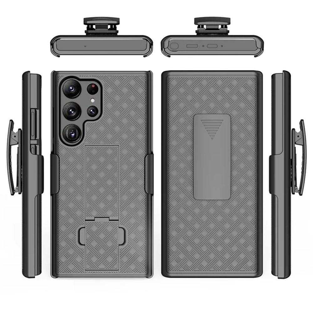 For Samsung Galaxy S25 Ultra Hybrid Slim 3-in-1 Shockproof Armor with Kickstand Holster Combo & Swivel Belt Clip Case Cover Black