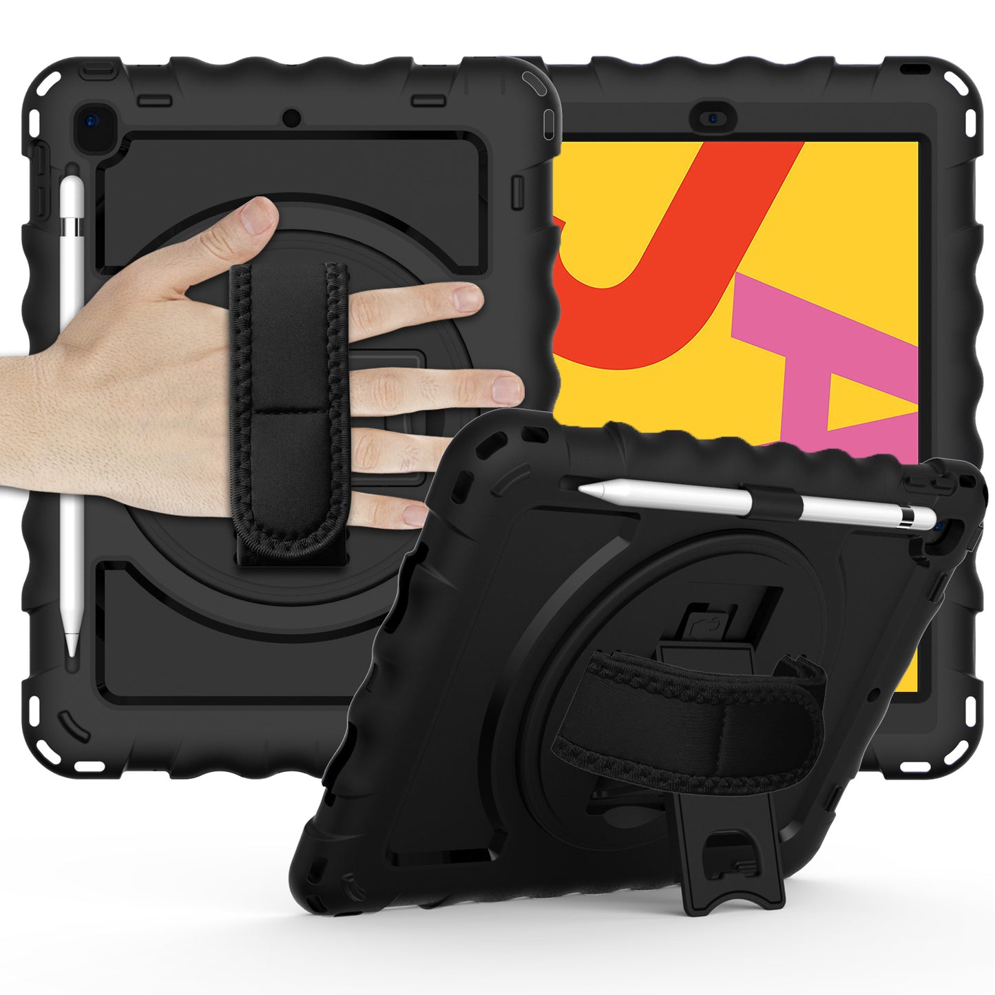 For Hybrid 3in1 Armor Rugged with Built-in Kickstand 360° Rotatable Stand & Shoulder Hand Strap Corner Shockproof Black Tablet Case Cover