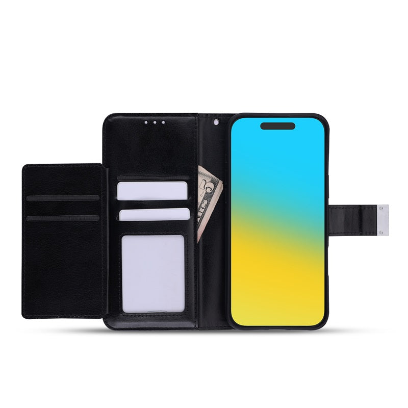 For Leather Wallet Folio Case with Credit Card Slots Pouch Cover for Apple iPhone 16 Pro Max - Black Case Cover Black