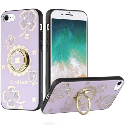 For Apple iPhone SE 4 Diamonds 3D Fashion Floral Bling Sparkly Glitter Ornaments Engraving Hybrid with Ring Stand Case Cover Purple Good Luck Floral