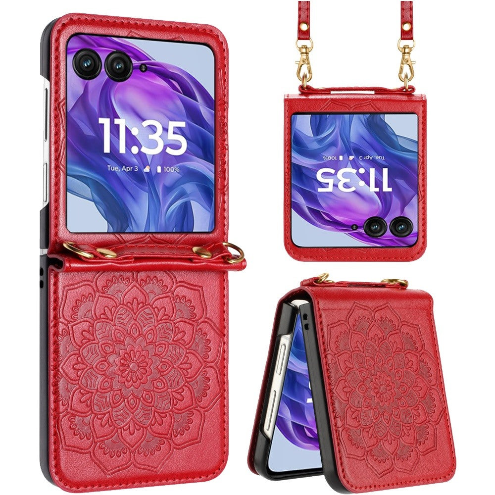 For Motorola Razr+ PLUS (2025 /2024) Embossed Floral PU Leather Henna Mandala Design Flip Cover with Strap, Hybrid Protective Case Cover