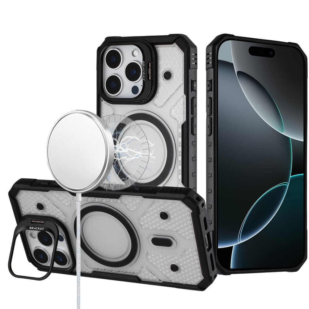 For Apple iPhone 16 Pro Max Transparent Tough Dotted Magnetic Case with Camera Stand & Hybrid Grip Shockproof Case Cover