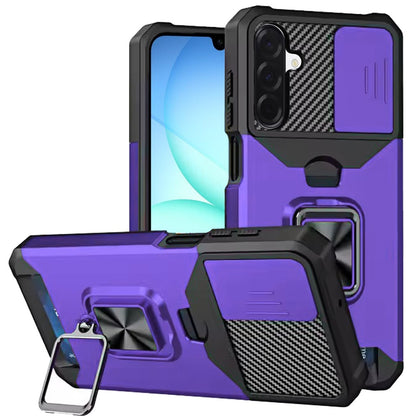 For Samsung Galaxy S25 Fan Edition /Galaxy S25 FE Wallet Case with Ring Stand & Slide Camera Cover Back Credit Card Slot Holder, Military Grade Case Cover Purple