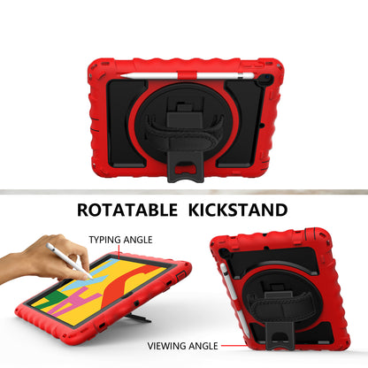 For Hybrid 3in1 Armor Rugged with Built-in Kickstand 360° Rotatable Stand & Shoulder Hand Strap Corner Shockproof Red Tablet Case Cover