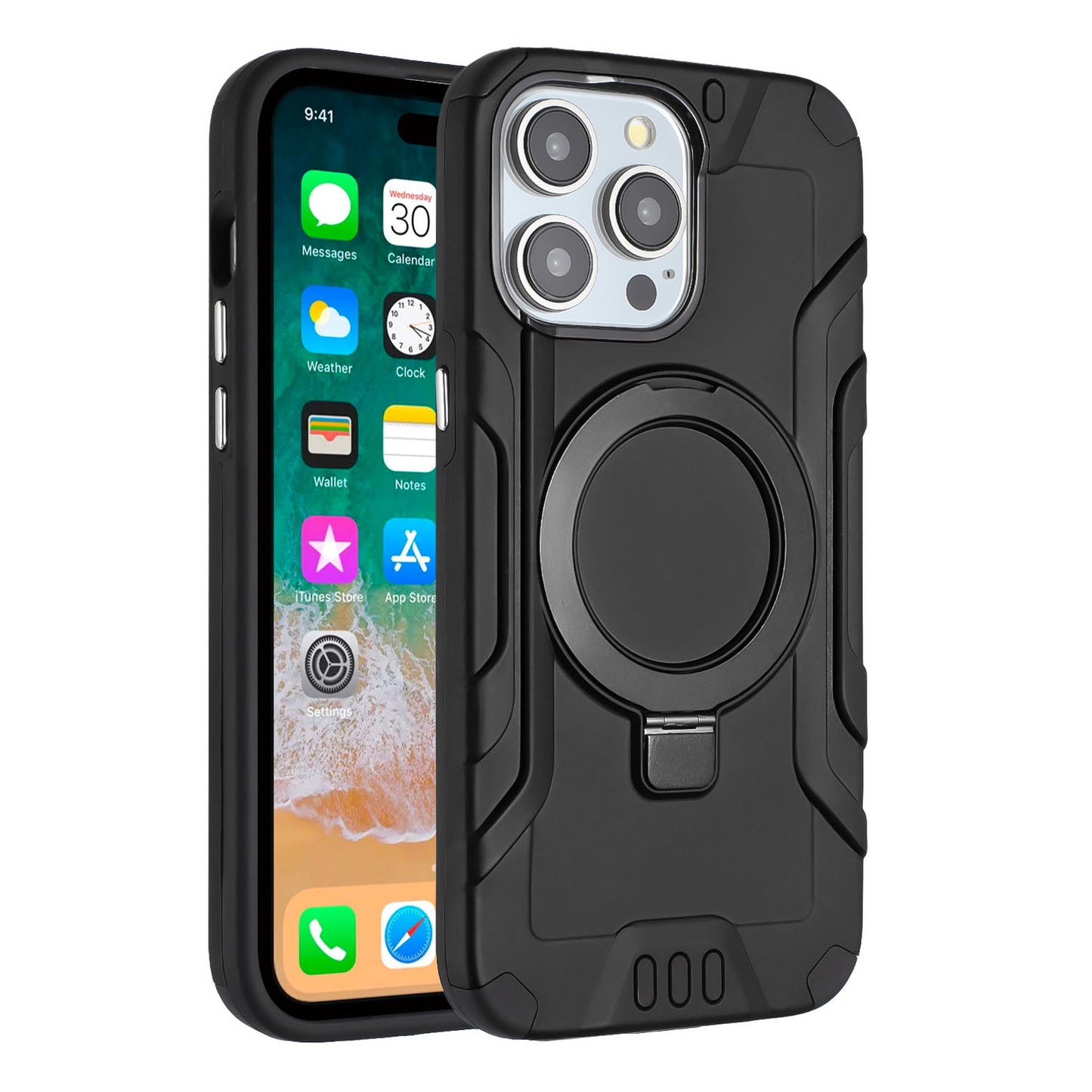 For Apple iPhone 15 /6.1" Brushed Armor Rugged Hybrid with Invisible Magnetic Circle Kickstand Shockproof Hard PC Protective Case Cover -