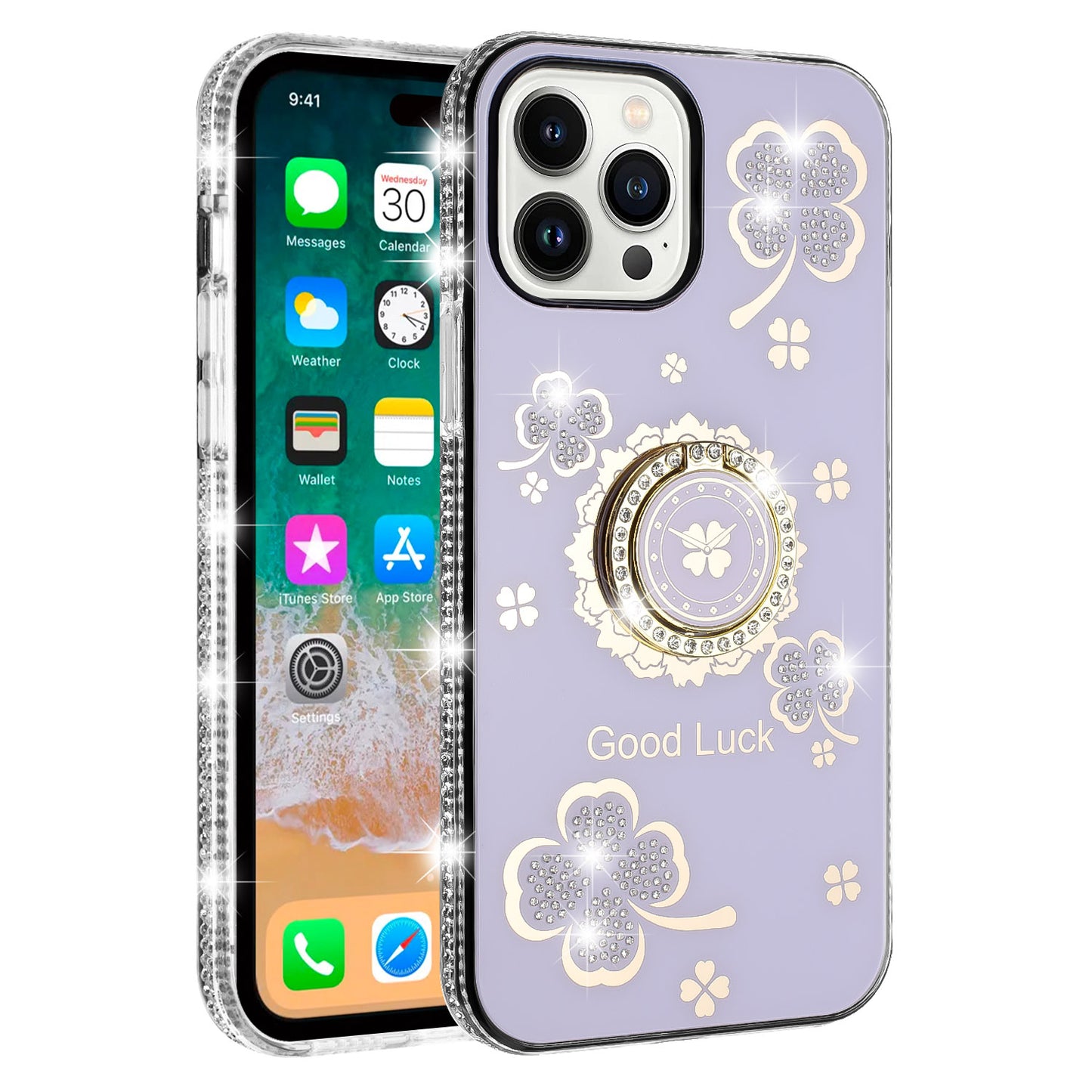 For Samsung Galaxy A06 Diamonds Bling All Around Edges Sparkly Glitter Hybrid with Ring Stand Holder Fashion Good Luck Case Cover
