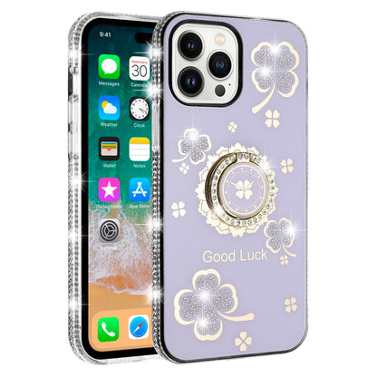 For Samsung Galaxy A06 Diamonds Bling All Around Edges Sparkly Glitter Hybrid with Ring Stand Holder Fashion Good Luck Case Cover