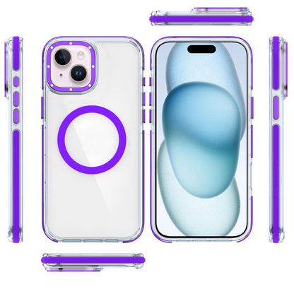 For Apple iPhone 15 Transparent Back with Colorful Frame, Strong Magnetic Circle, MagSafe Compatible, Slim Shockproof Protection Case Cover