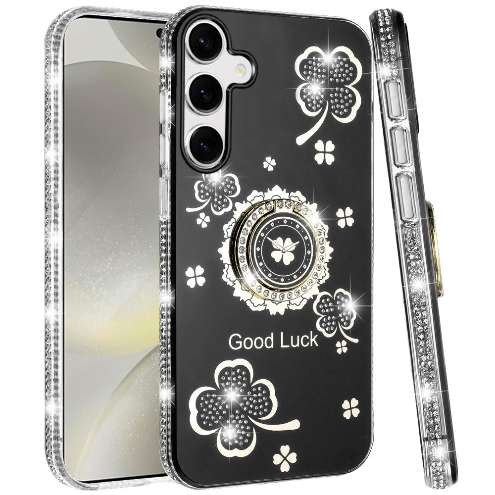 For Samsung Galaxy S25+ /S25 Plus /S24+ Plus Diamonds Bling All Around Edges Sparkly Glitter Hybrid with Ring Stand Holder Fashion Good Luck Case Cover