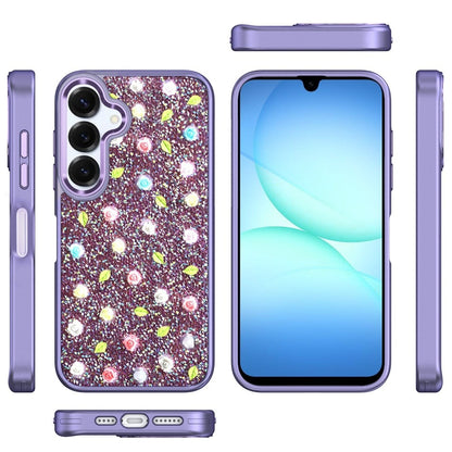 For Samsung Galaxy A17 5G Floral Design Embedded Glass Diamond Fancy Fashion Glitter Bling Sparkly Hybrid Rugged TPU Bumper Case Cover