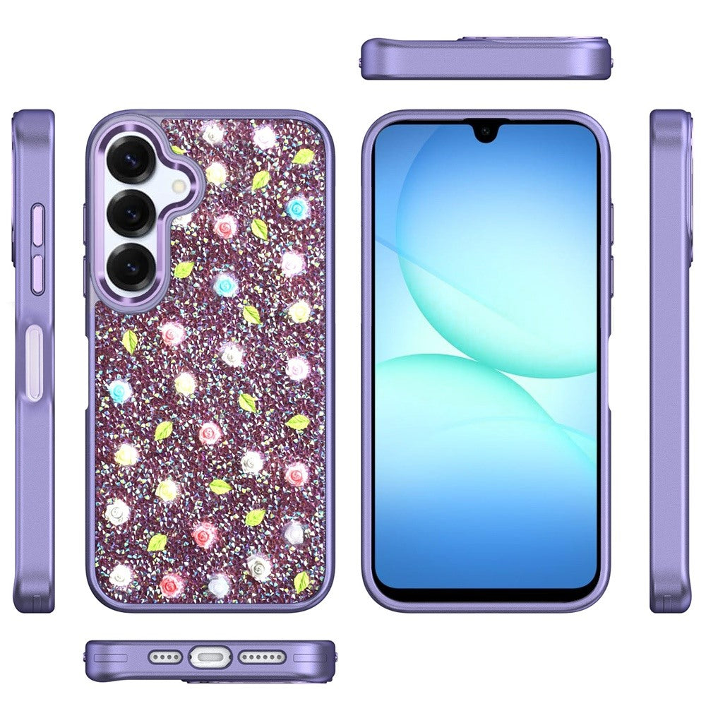 For Samsung Galaxy S25 Fan Edition /Galaxy S25 FE Floral Design Embedded Glass Diamond Fancy Fashion Glitter Bling Sparkly Hybrid Rugged TPU Bumper Case Cover