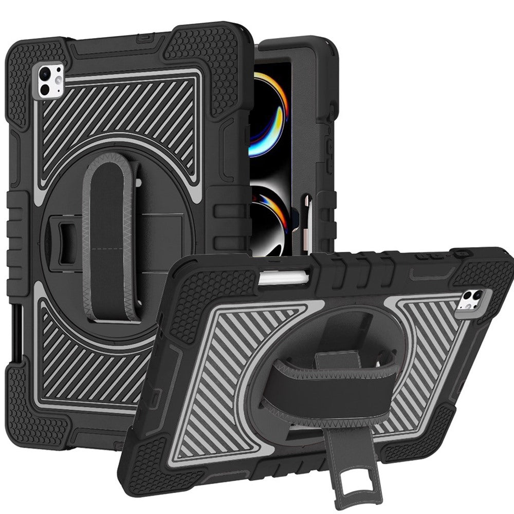 For Hybrid 3in1 Multi-Functional Shockproof Tablet Case with Hand, Shoulder Strap, Pencil & Stand Holder Black Tablet Case Cover