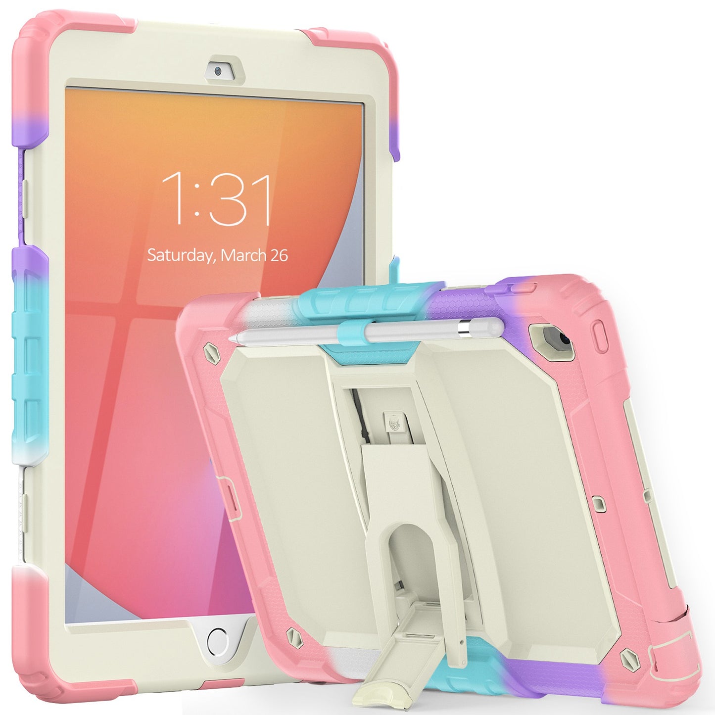 For Heavy Duty Hybrid Full Body 2in1 Rugged Shockproof Drop Protective Tablet with Slide Kickstand Beige / Camo Pink Tablet Case Cover