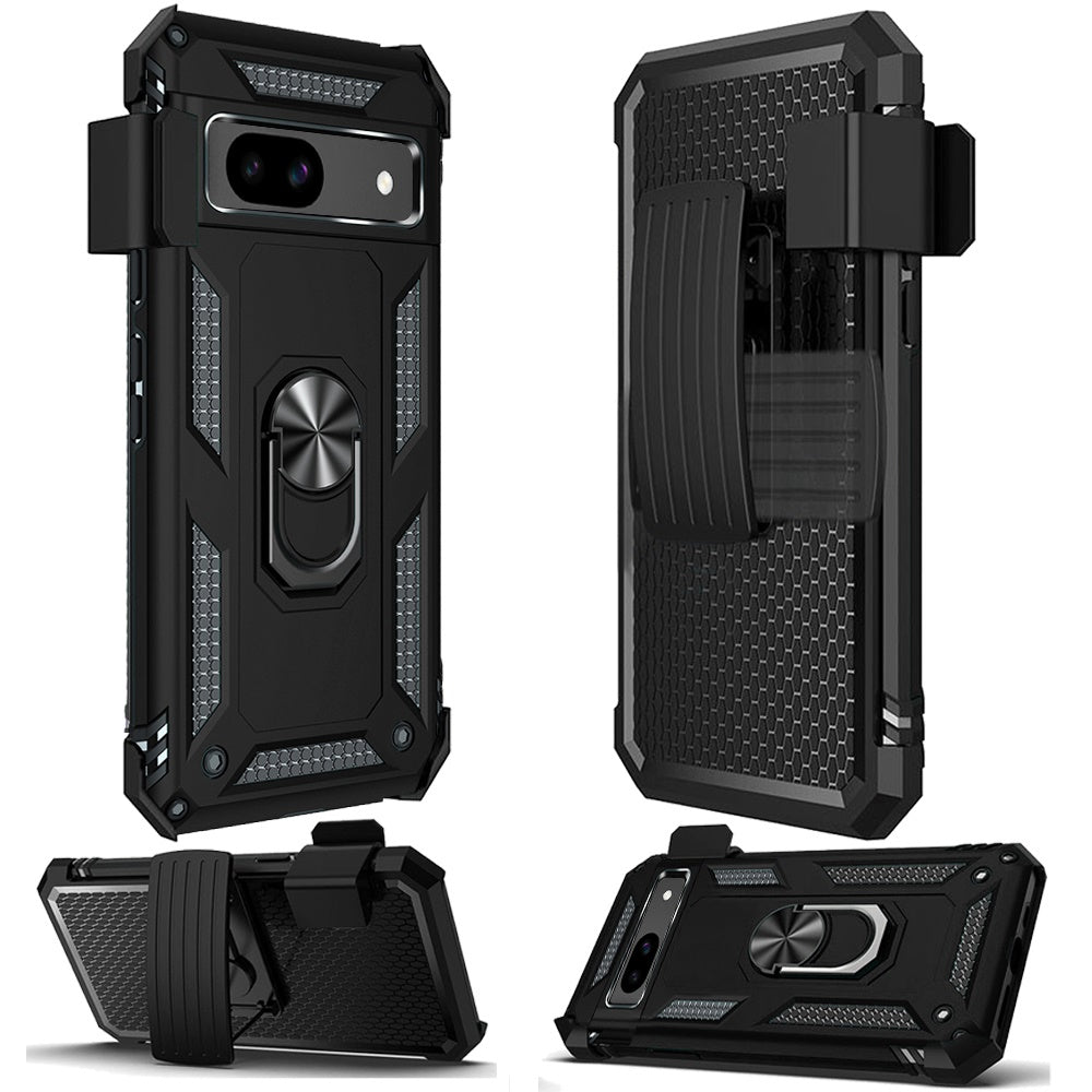 For Google Pixel 9A Hybrid Combo Belt Clip Holster with Ring Stand Holder, Military Grade Fit Magnetic Car Mount Shockproof Case Cover Black