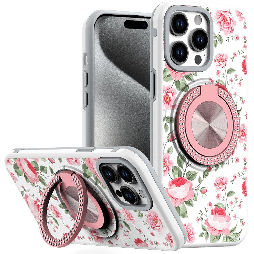 For Apple iPhone 16e Pattern Design Hybrid with Invisible Ring Stand & Magnetic Back, Shockproof Protective Grip Case Cover Red Flowers