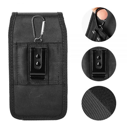 For Apple iPhone 16 Pro (6.3") Universal Pouch Case Vertical Phone Holster Durable Nylon Cover with Belt Clip Loop, Velcro & Hook Carabiner [Black]