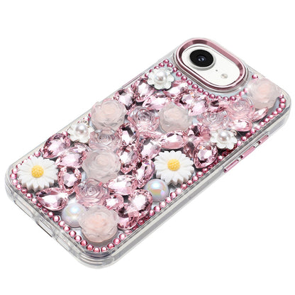For Apple iPhone 16e Fashion Daisy Floral Series, Full 3D Bling Crystal Diamonds Sparkling Rhinestone Glitter Hybrid Design Case Cover