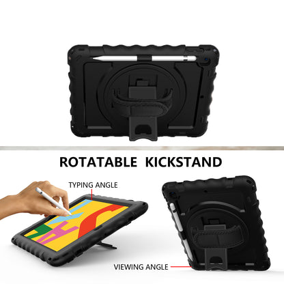 For Hybrid 3in1 Armor Rugged with Built-in Kickstand 360° Rotatable Stand & Shoulder Hand Strap Corner Shockproof Black Tablet Case Cover