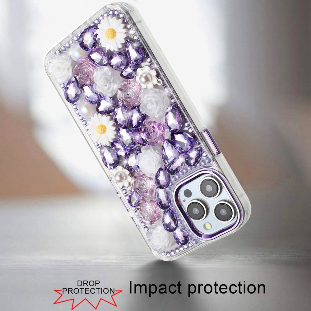 For Apple iPhone 14 /13 Fashion Daisy Floral Series, Full 3D Bling Crystal Diamonds Sparkling Rhinestone Glitter Hybrid Design Case Cover Purple