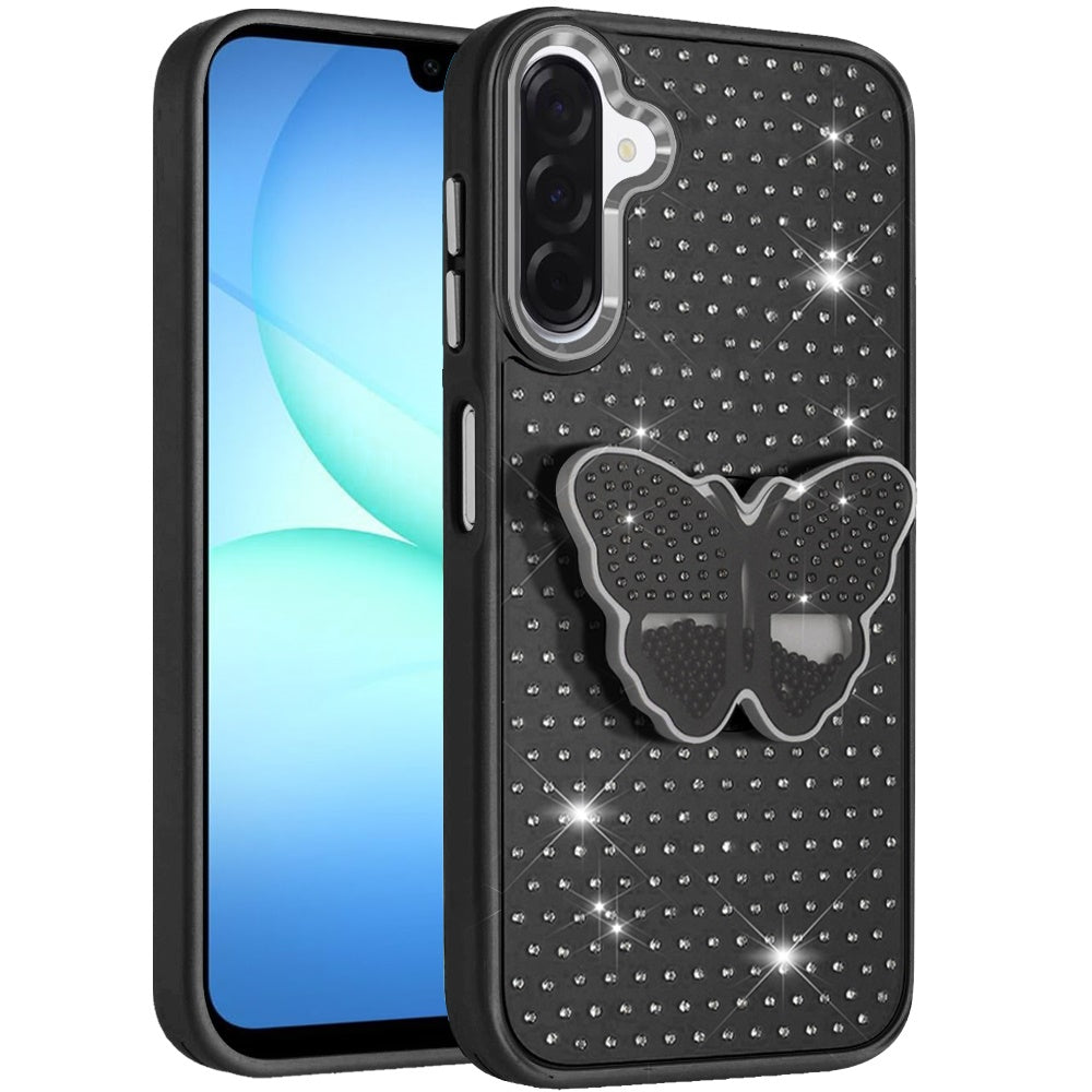 For Samsung Galaxy S25 Fan Edition /Galaxy S25 FE Butterfly Moveable Grip 3D Pop Stand Full Diamond Bling Sparkling TPU Fashion Hybrid Case Cover