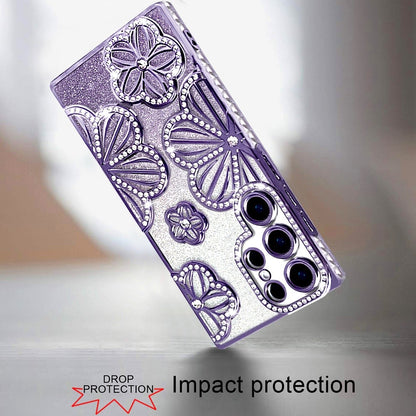 For Samsung Galaxy S24 Ultra Luxury Flower Design Sparkle Glitter Diamond Rhinestone Shimmer Bling Plating Thick TPU Hard PC Case Cover