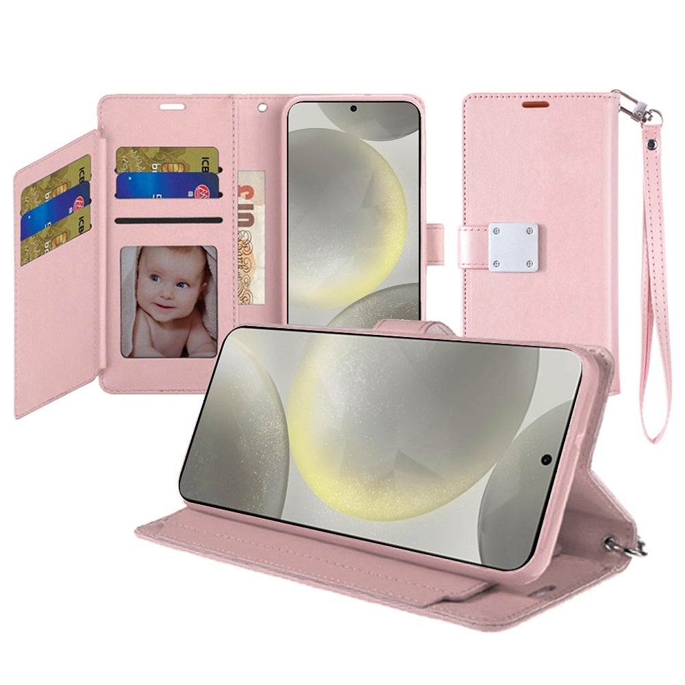 For Apple iPhone SE 4 Wallet Cases PU Leather with Credit Card /ID /Cash Holder Slot Dual Flip Book Pouch, Stand and Strap Case Cover Rose Gold