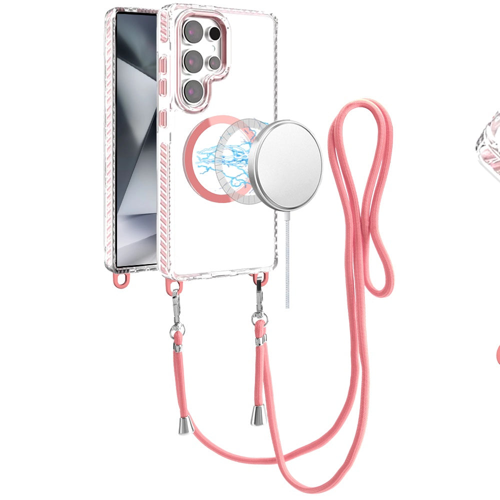 For Samsung Galaxy S25 Ultra Clear Magnetic Frame PC Back Shockproof Protective Case with Detachable Lanyard Strap, Compatible with MagSafe Case Cover