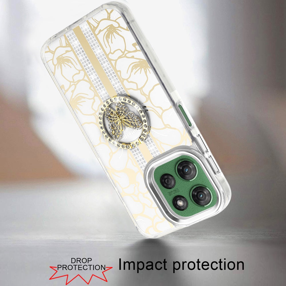 For Motorola Edge 2025 Diamonds 3D Butterfly Floral Design Bling Sparkly Glitter Hybrid Metal Fashion with Ring Stand Case Cover