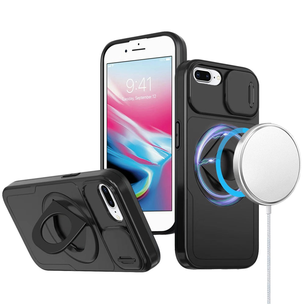 For Apple iPhone 8 Plus /7 Plus Full Coverage with Camera Window, Magnetic Circle, Rotatable Ring Stand, MagSafe Compatible, Shockproof Hybrid Protectiv Case Cover