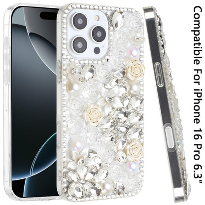 For Apple iPhone 16 Pro (6.3") Fashion Rose Flower Floral Bling Crystal 3D Full Diamonds Pearl Sparkle Rhinestone Glitter Hybrid Case Cover
