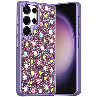 For Samsung Galaxy S25 Ultra Floral Design Embedded Glass Diamond Fancy Fashion Glitter Bling Sparkly Hybrid Rugged TPU Bumper Case Cover