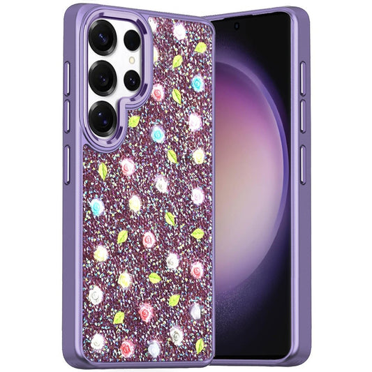 For Samsung Galaxy S25 Ultra Floral Design Embedded Glass Diamond Fancy Fashion Glitter Bling Sparkly Hybrid Rugged TPU Bumper Case Cover