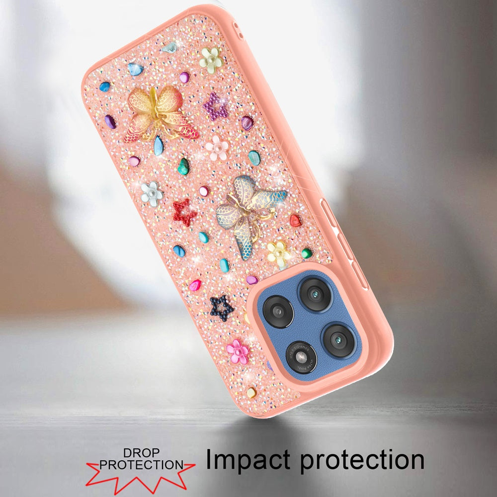 For Motorola Moto G 5G 2025 Diamond Butterfly 3D Glitter Bling Design, Slim Hybrid Sparkle Protective Cover TPU for Women Girls Case Cover Light Pink