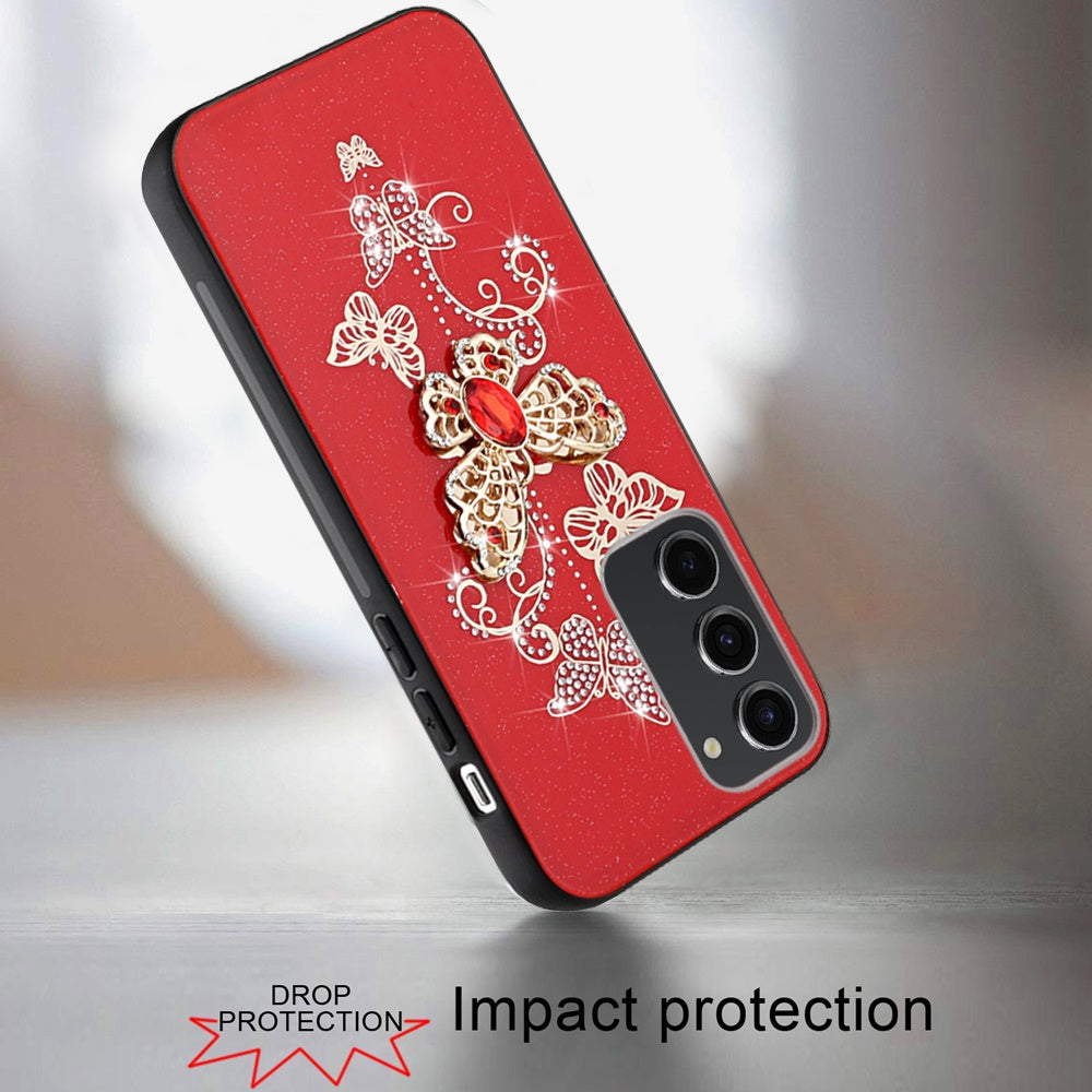 For Apple iPhone 16e Diamonds 3D Butterfly Bling Sparkly Glitter Ornaments Engraving Hybrid Metal Fashion Case Cover Red Garden Butterflies