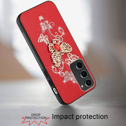 For Apple iPhone 16e Diamonds 3D Butterfly Bling Sparkly Glitter Ornaments Engraving Hybrid Metal Fashion Case Cover Red Garden Butterflies