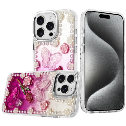 For Apple iPhone 16 Pro Max Bling Fashion Design with 3D Pearls Epoxy Glitter Ornaments Chrome Edge Hard Slim PC Case Cover