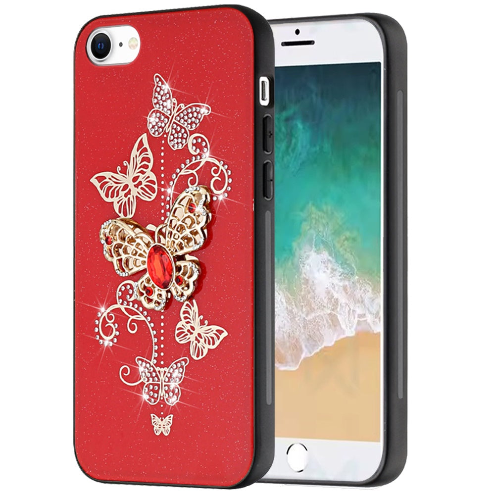 For Apple iPhone 16e Diamonds 3D Butterfly Bling Sparkly Glitter Ornaments Engraving Hybrid Metal Fashion Case Cover Red Garden Butterflies