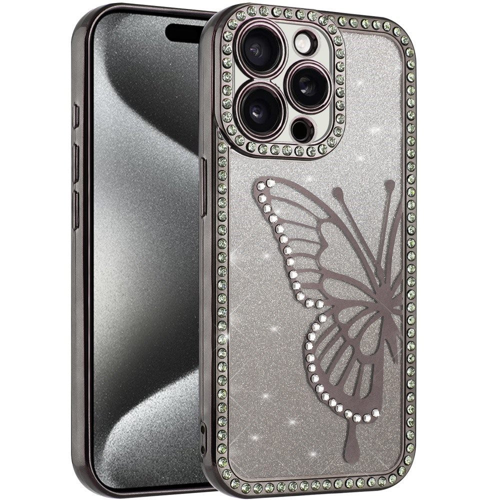 For Apple iPhone 13 Pro Max Butterfly Glitter Diamond Shimmer Hybrid Slim & Stylish Electroplated Sparkly Bling Shockproof TPU Protective Case Cover