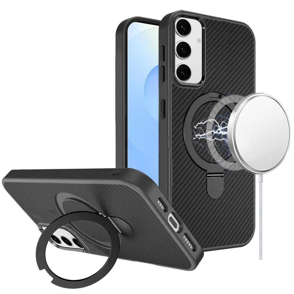 For Apple iPhone 14 /13 Hybrid Carbon Fiber Design with MagSafe Compatible [Magnetic Circle], Ring Stand Shockproof Slim TPU Case Cover