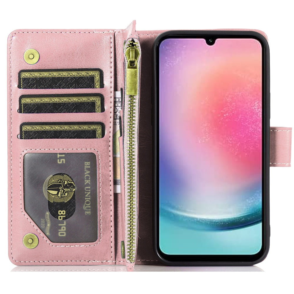 For Apple iPhone 16e Leather Wallet Case with Zipper, 9 Card Slots, Cash Pocket, Stand & Strap, Clutch Pouch Design Case Cover Rose Gold