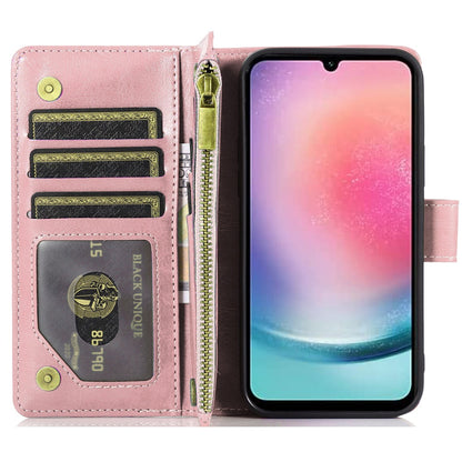 For Apple iPhone 16e Leather Wallet Case with Zipper, 9 Card Slots, Cash Pocket, Stand & Strap, Clutch Pouch Design Case Cover Rose Gold