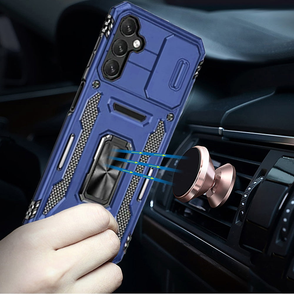 For Samsung Galaxy Z Flip 7 FE Tough Hybrid Case with Movable Camera Window & Metal Ring Stand Shockproof Case Cover Blue