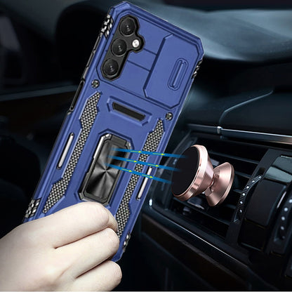 For Samsung Galaxy Z Flip 7 FE Tough Hybrid Case with Movable Camera Window & Metal Ring Stand Shockproof Case Cover Blue